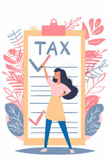 vertical illustration of Woman Marking Tax Checklist on Large Clipboard on white Background