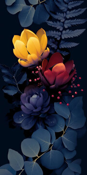 Autumn Botanicals with Prothea on Deep Blue Canvas
