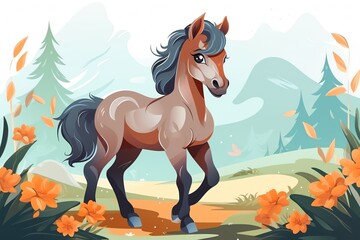 A beautiful cartoon horse with a long flowing mane and tail