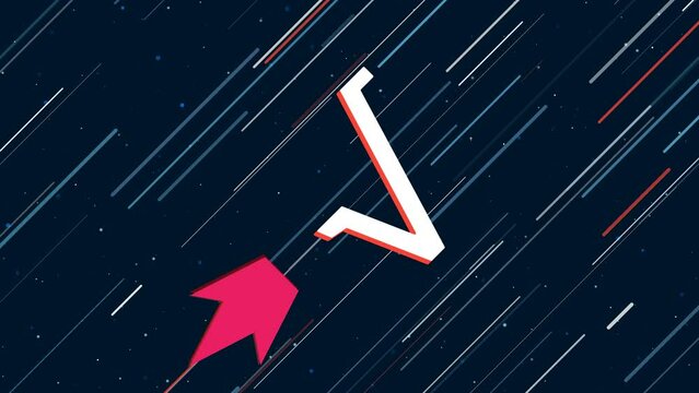 Square root symbol flies through the universe on a jet propulsion. The symbol in the center is shaking due to high speed. Seamless looped 4k animation on dark blue background with stars
