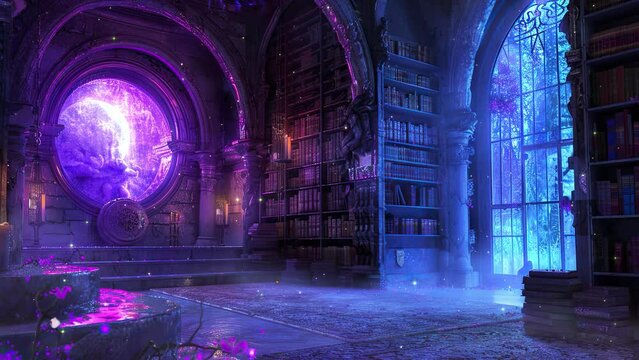 Magical Library. Fantasy Study. Fantasy and fairy tale setting video. Loop animation for relaxing music video