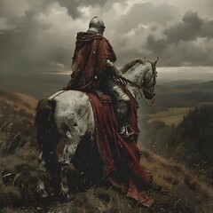 Naklejka premium Majestic Medieval Knight on Horseback Rides Through Stormy Landscape