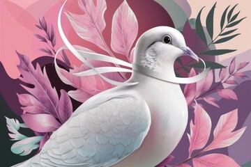 Elegant White Dove on Vibrant Pink and Green Background with Stylized Foliage