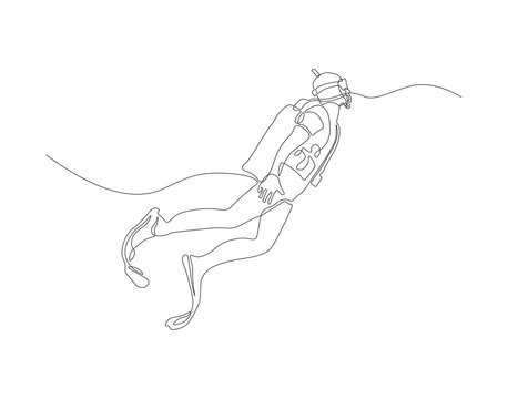 recommend clip art: Continuous one line drawing of scuba diver diving in underwater. One line drawing illustration of scuba diver. Diving sport concept continuous line art. Editable outline.