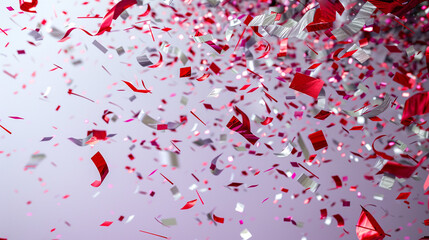 Bright red and silver confetti streaming down on a soft lavender background, evoking festive cheer.