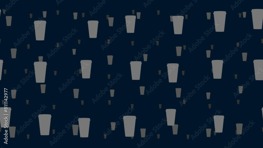 Poster paper coffee cups float horizontally from left to right. parallax fly effect. floating symbols are l