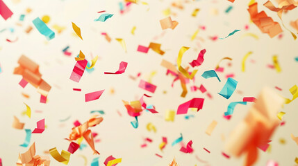 Cheerful confetti dispersal over a light cream background, creating a soft and inviting celebration scene in ultra HD.