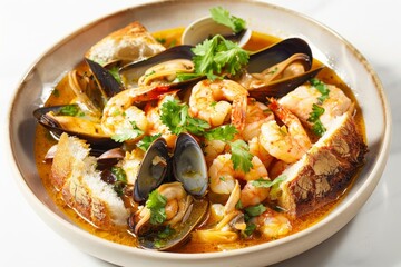 Vibrant Portuguese Seafood Stew with Fragrant Olive Oil Toasted Bread