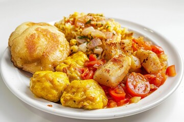 Jamaican Cuisine: Ackee and Saltfish with Flaked Codfish and Hard Dough Bread