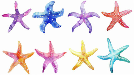 A set of colorful starfish with different colors and sizes, watercolor painting.