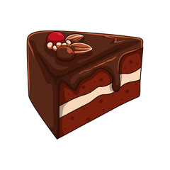 Delicious slice of chocolate cake brownies with brown dark chocolate in a white background