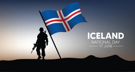 Iceland National Day 17 June solider standing with waving flag vector poster