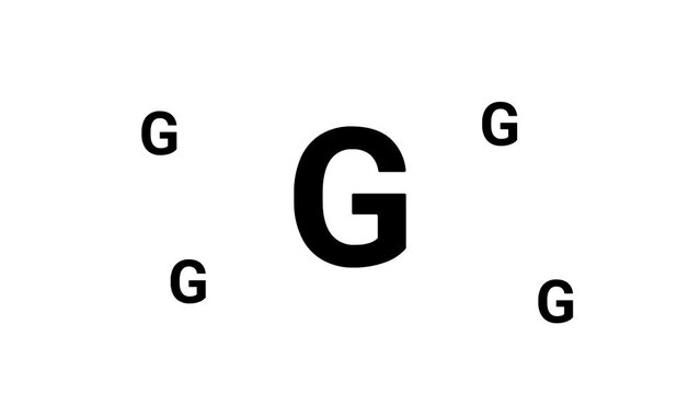 Zoom in and out animation the capital letter G symbol. Large black symbol in the center and four small symbols around. Seamless looped 4k animation on white background