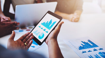 Tablet, screen and business people in meeting with graphs, charts and statistics for productivity growth. Data analysis, teamwork and metrics with digital app for performance, development or planning