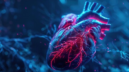3D visualization of a human heart affected by a fictional virus in neon blue, emphasizing details in a hightech environment