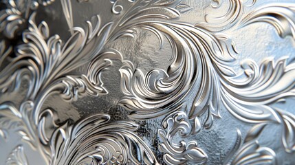 Close-up of an embossed metal surface with a detailed plant pattern.