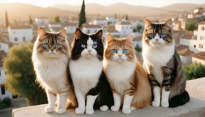 international cat day with a beautiful persian cats with blue eyes are standing behind them concept of day light with natural background