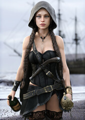 Portrait of a hooded pirate female coming ashore armed with weapons and alcohol. 3d rendering