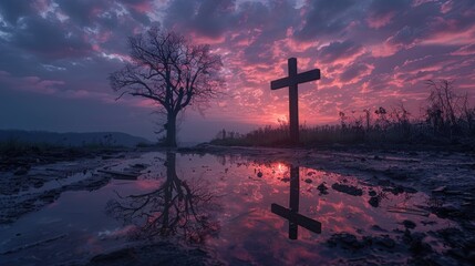 A cross stands tall in the middle of a field that is inundated by floodwaters.
