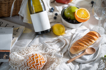 Christmas party table with delicious food and wine