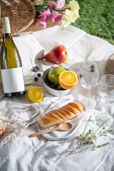 Christmas party table with delicious food and wine