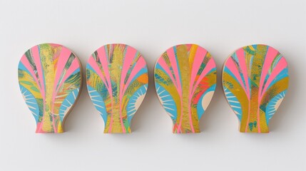 4 mushrooms in a line. Mushrooms are in vivid psychedelic colors isolated on a white background.