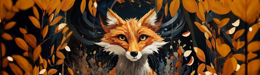 A fox is painted in a forest with leaves and branches