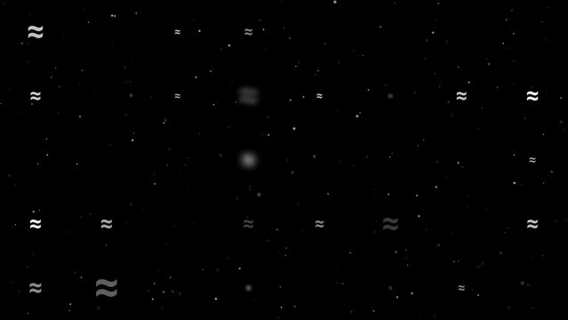 Template animation of evenly spaced approximately equal symbols of different sizes and opacity. Animation of transparency and size. Seamless looped 4k animation on black background with stars