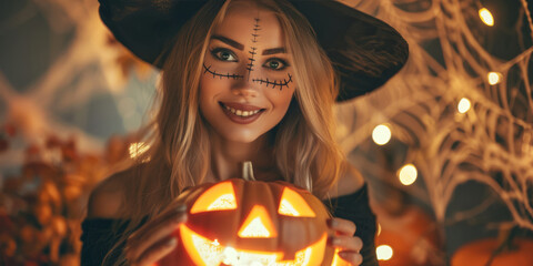 A witch costumed woman for Halloween holds a glowing jack-o-lantern with mischievous grin, her stitched makeup adding to spooky look. She wears black hat with blonde hair. Festive Halloween ambiance