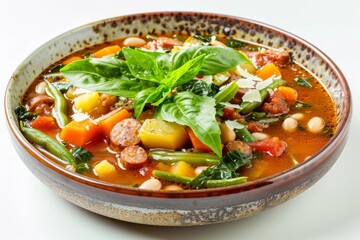 Rustic Bowl of Hearty Abruzzo Summer Minestrone Soup with Fresh Vegetables