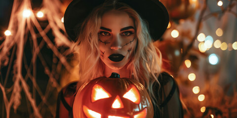 A witch costumed woman for Halloween holds a glowing jack-o-lantern with mischievous grin, her stitched makeup adding to spooky look. She wears black hat with blonde hair. Festive Halloween ambiance