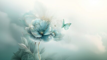 Turquoise flower and a green butterfly flying, in watercolor art style，design resource for wallpaper, illustration, book, book mark, card, post card, website