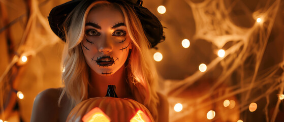 A witch costumed woman for Halloween holds a glowing jack-o-lantern with mischievous grin, her stitched makeup adding to spooky look. She wears black hat with blonde hair. Festive Halloween ambiance - 811147160