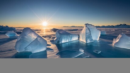 Icebergs from nearby glacier float in ice lagoon on its way to the sea, Iceland, Polar Regions