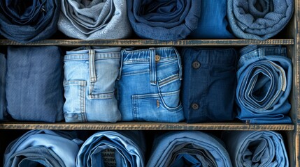 Detailed view of neatly folded blue shirts, carefully arranged in a drawer to create an organized, serene appearance