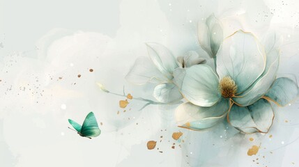 Turquoise flower and a green butterfly flying, in watercolor art style