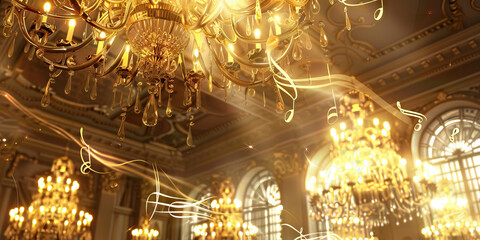 Classical Concert Elegance: Music Notes Adorning Ornate Chandeliers and Opulent Ballroom Decor