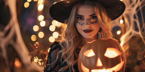 A witch costumed woman for Halloween holds a glowing jack-o-lantern with mischievous grin, her stitched makeup adding to spooky look. She wears black hat with blonde hair. Festive Halloween ambiance - 811147514