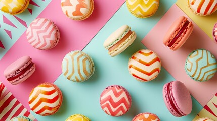 Obraz premium Array of macarons infused with bright, bold geometric patterns, set against a vintage pastel background, classic yet contemporary