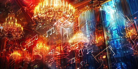 Classical Concert Elegance: Music Notes Adorning Ornate Chandeliers and Opulent Ballroom Decor