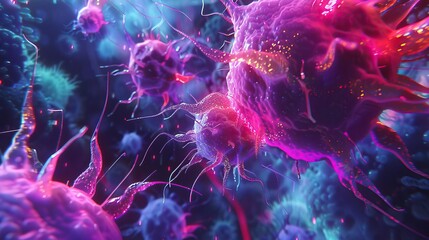 Obraz premium A conceptual image of a hightech medical examination of cancer cells, with micro to macro scaling, accentuated by dynamic neon lighting for dramatic effect