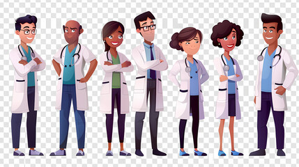 Smiling group of doctors characters isolated. Multinational medicine workers collective, diverse medical team. Ai generative cartoon characters