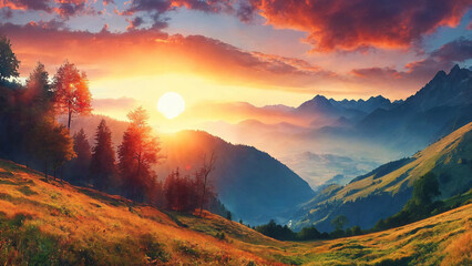 Natural landscape, beautiful sunrise above mountains 16:9 with copyspace
