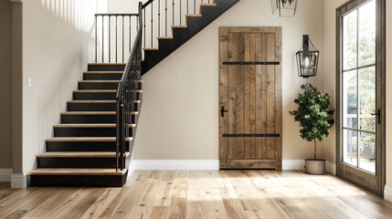 Elegant home entry with a matte black staircase a vintage wooden door and a light hardwood floor