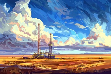 A painting of an oil rig in the desert. Suitable for industrial concepts