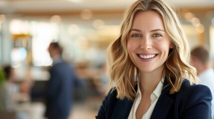 A confident businesswoman smiles warmly while posing in a modern office environment. Woman dressed in professional attire on blurred background with colleagues, open workspace - 811147989