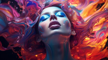 Face distortion in surreal portrait, close-up, bright neon hues, direct lighting, crisp focus, angled perspective, Psychedelic funk art style