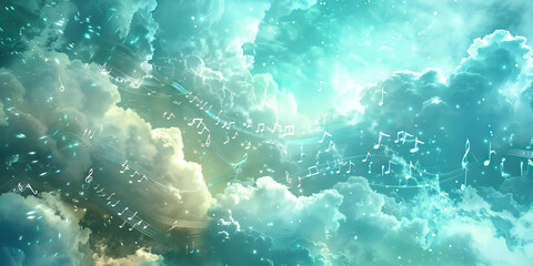 Musical Dreamscape: Music Notes Drifting Through Clouds in a Surreal Dreamlike Setting