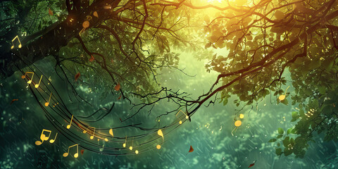 Enchanted Forest Melodies: Music Notes Integrated into the Branches and Leaves of a Magical Forest.