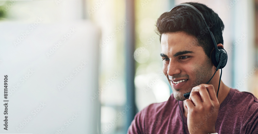 Poster Call center, contact us and happy businessman in office consulting for ecommerce, faq or support, crm or b2b networking. Outsourcing, telecom and insurance consultant with virtual assistance or help